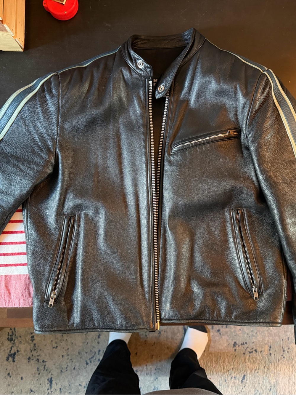 Northbound Leather Men's Black Leather Bomber Jacket with Contrast Sleeve Stripe